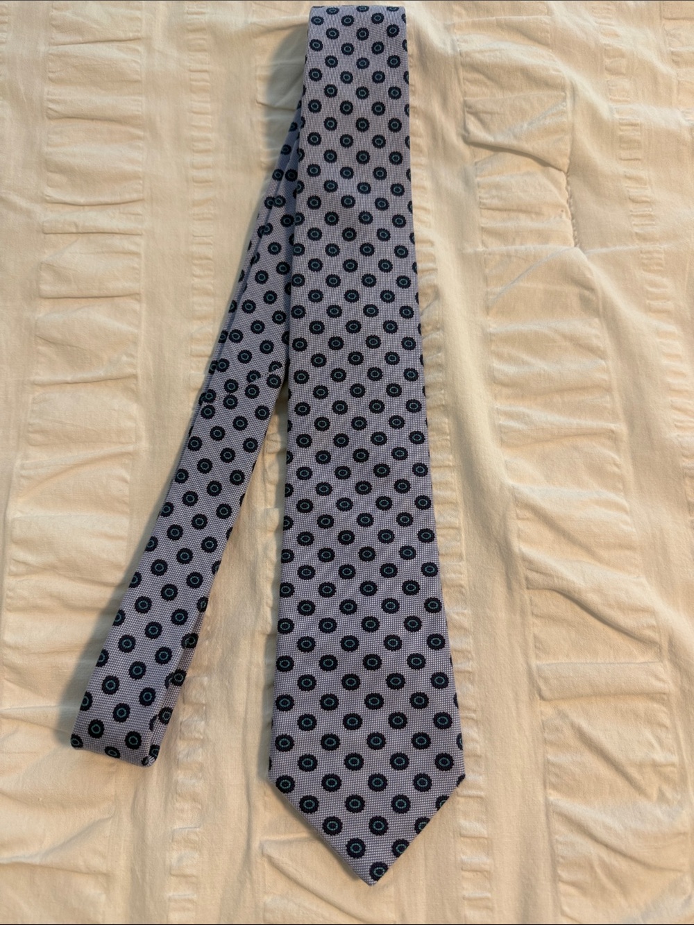 Ted Baker Light Gray Tie with Navy Circular Medallion Pattern